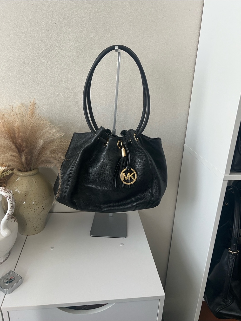 Michael Kors Black Pebbled Leather Shoulder Bag with Gold MK Charm